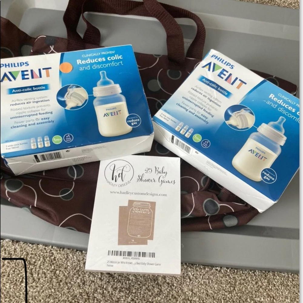 Unisex Diaper bag, Phillips bottles, Invitations